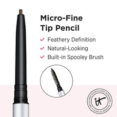 IT Cosmetics Brow Power Micro closeup pencil demonstrates fine tip control for light or dark strokes