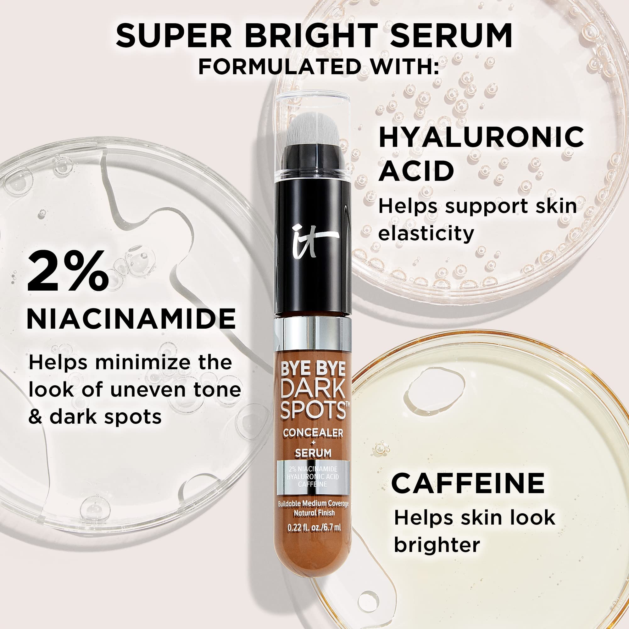 IT Cosmetics Bye Bye Dark Spots ingredients-niacinamide-hyaluronic-acid highlights skin-supportive formula.