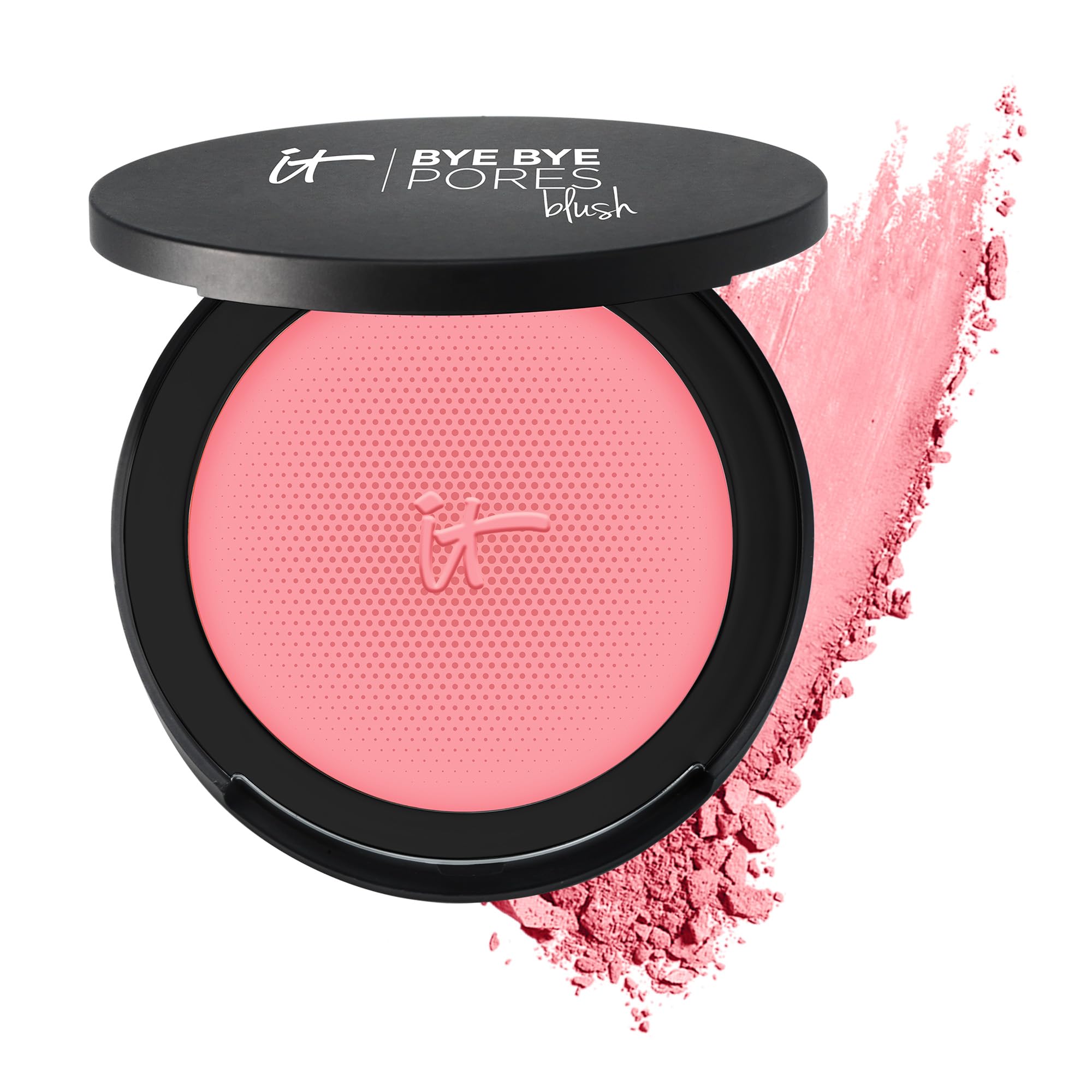 IT Cosmetics Bye Bye Pores Blush compact close-up showing sheer, buildable color diffuses pores.