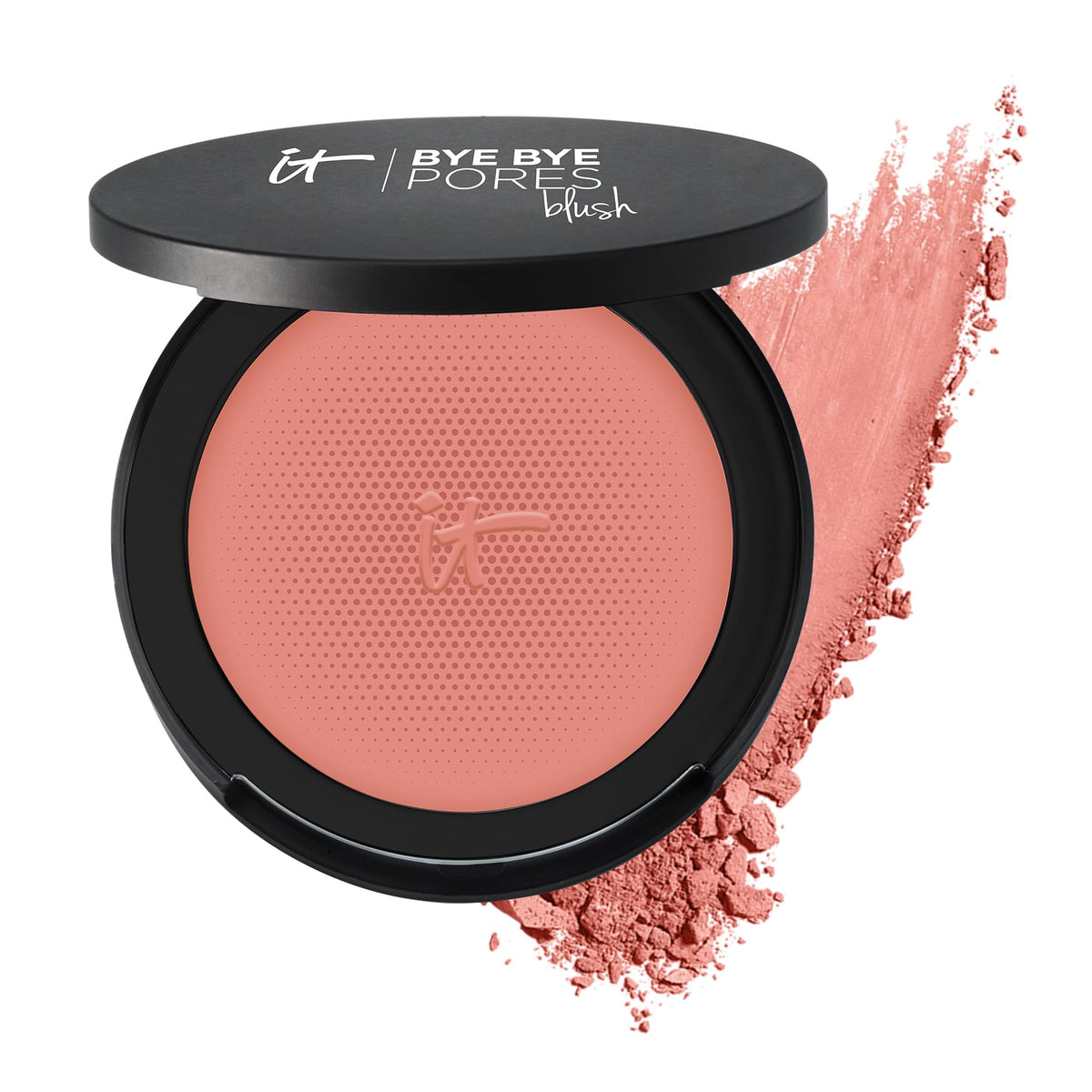 IT Cosmetics Bye Bye Pores Blush swatch shows sheer, buildable color and pore diffusion