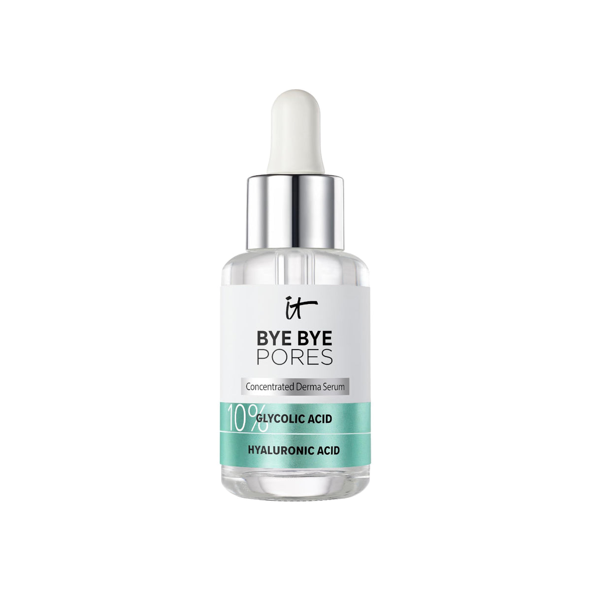 IT Cosmetics Bye Bye Pores serum bottle pour demonstrates gentle exfoliation for smoother skin.