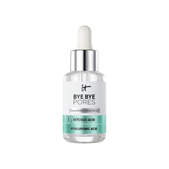 IT Cosmetics Bye Bye Pores serum bottle pour demonstrates gentle exfoliation for smoother skin.