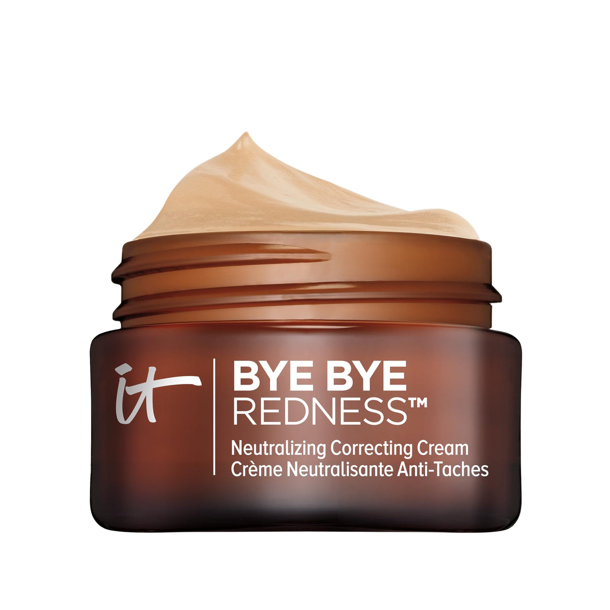 IT Cosmetics Bye Bye Redness bottle closeup showing creamy tint for redness neutralization.