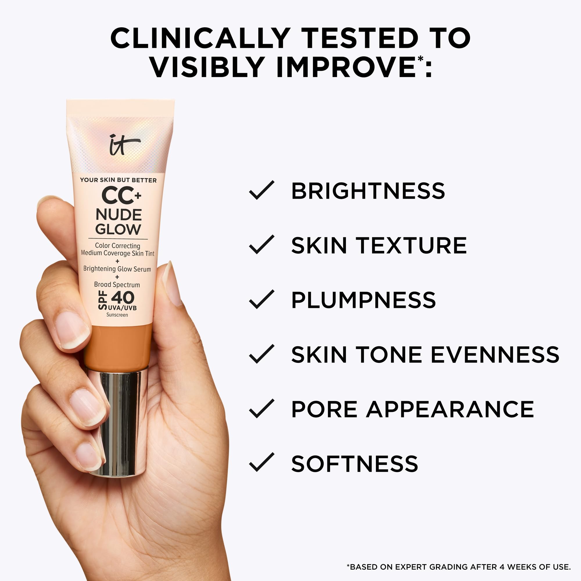 IT Cosmetics CC+ Nude Glow arm swatch demonstrates shade compatibility on skin