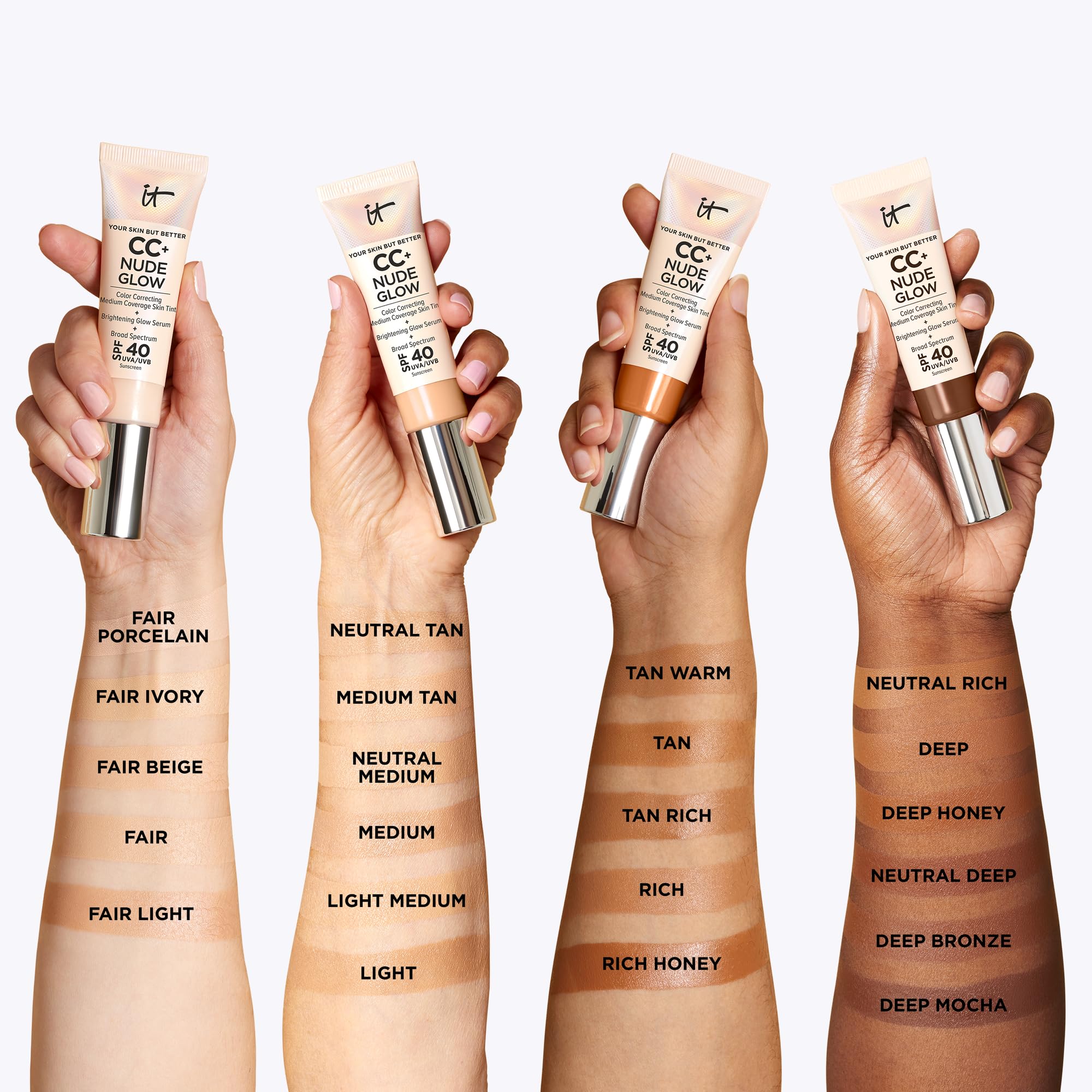 IT Cosmetics CC+ Nude Glow brush application depicts buildable coverage