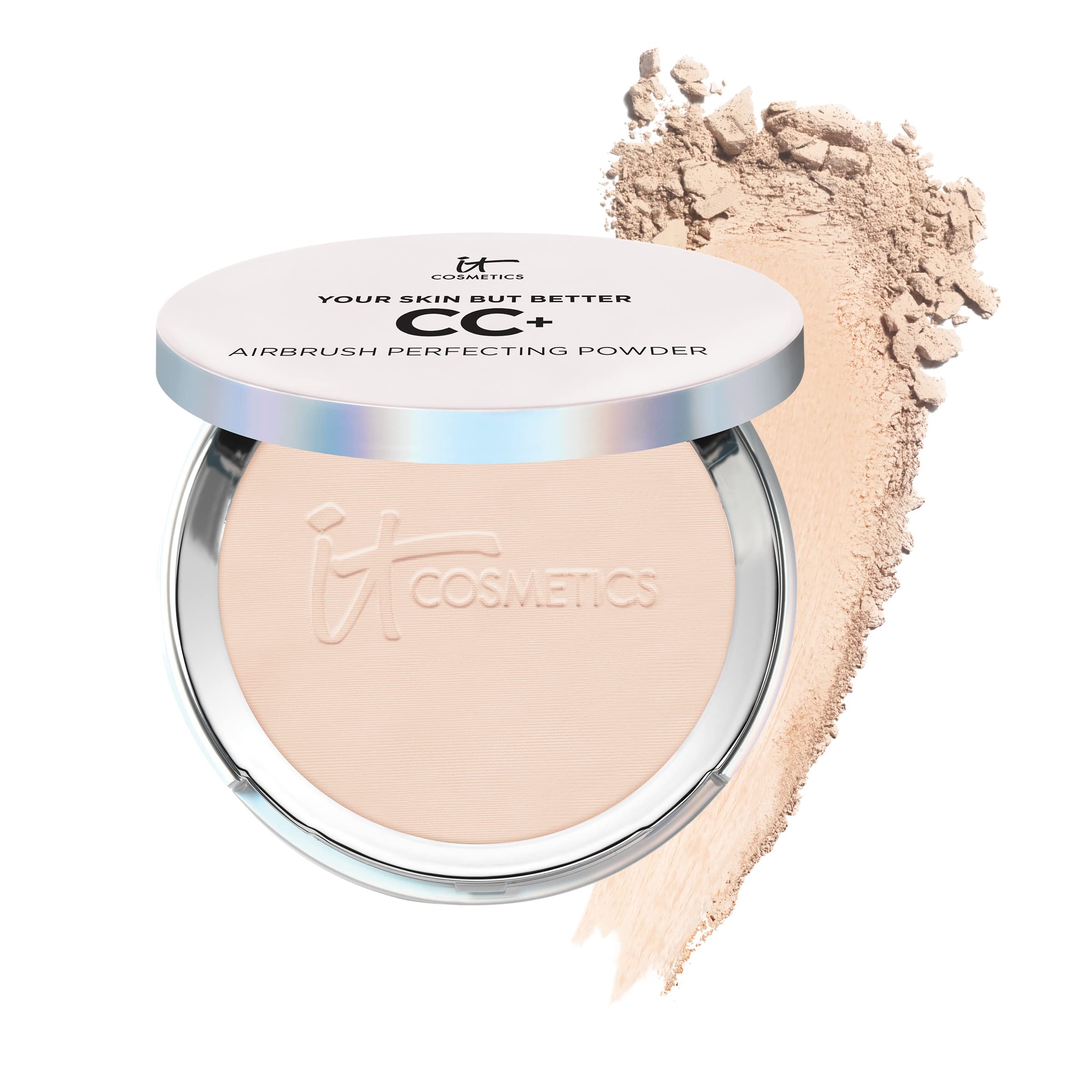 IT Cosmetics CC+ Airbrush Powder compact open showing pore-blurring finish.