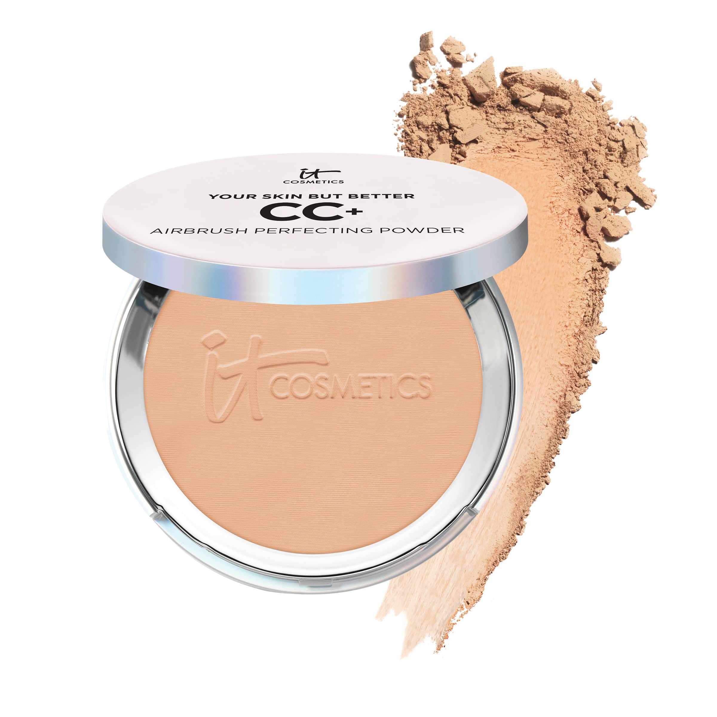 IT Cosmetics CC+ Airbrush Perfecting Powder compact packaging showing talc-free finishing.
