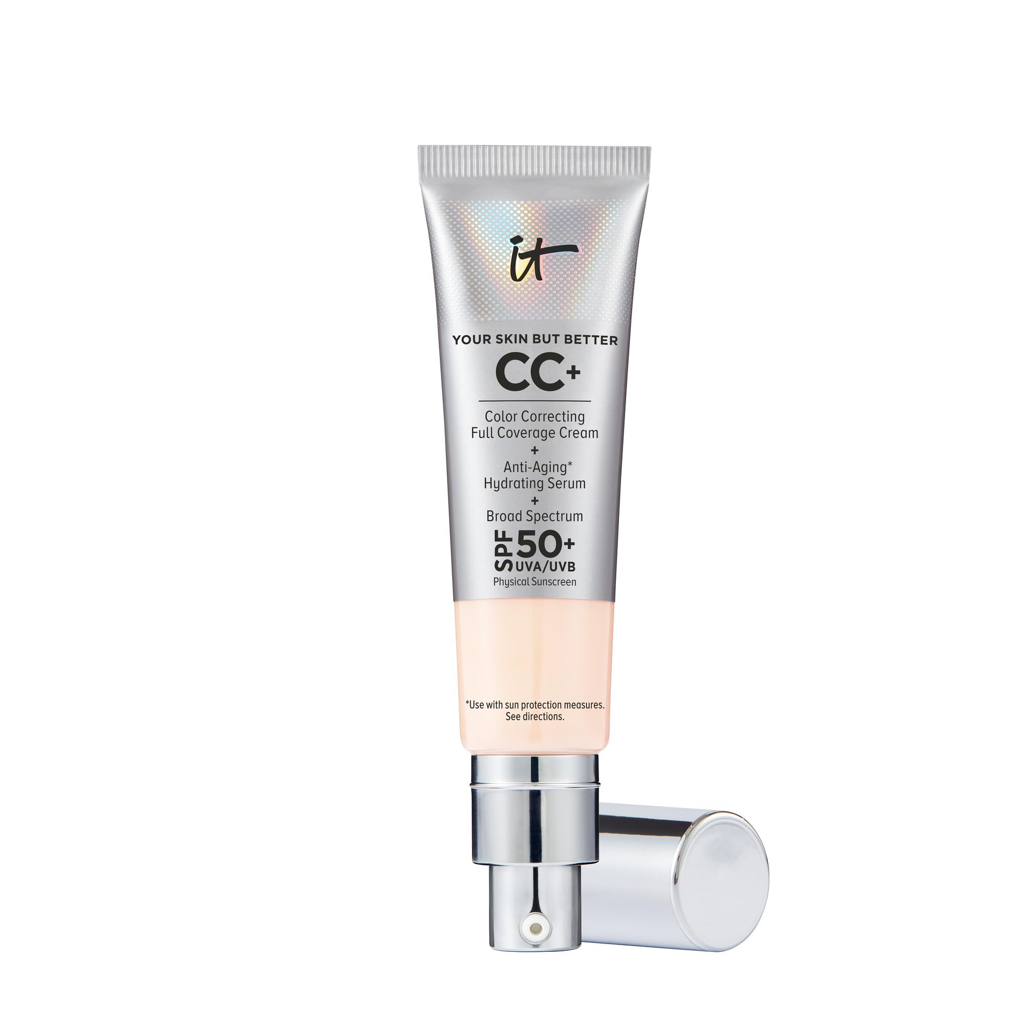 IT Cosmetics CC+ Cream bottle demonstrates hydrating anti-aging makeup base.