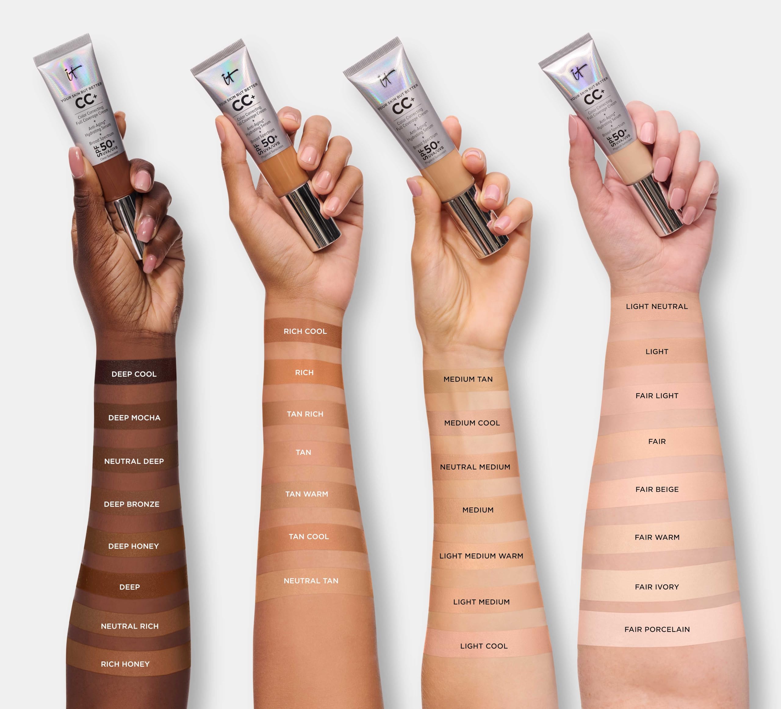 IT Cosmetics CC+ Cream Medium Cool SPF 50+ protection on skin.