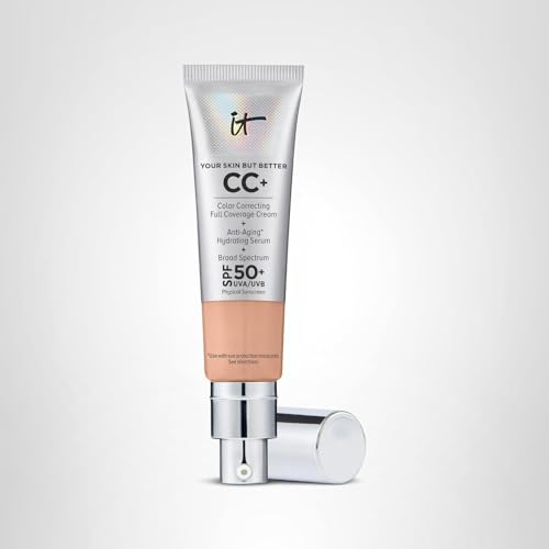 IT Cosmetics CC+ Cream Medium Cool vanity setup with brushes and product.