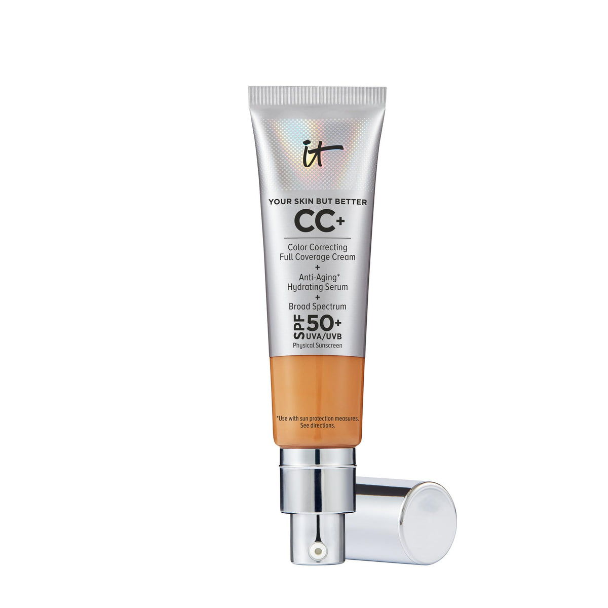 IT Cosmetics CC+ Cream Tan in application swatch showing full coverage and natural finish