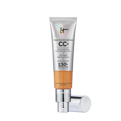 IT Cosmetics CC+ Cream Tan in application swatch showing full coverage and natural finish