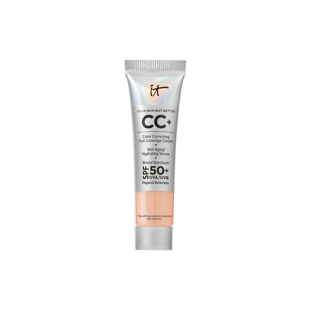 IT Cosmetics CC+ Cream Travel bottle closeup showing premium packaging and long-lasting coverage potential