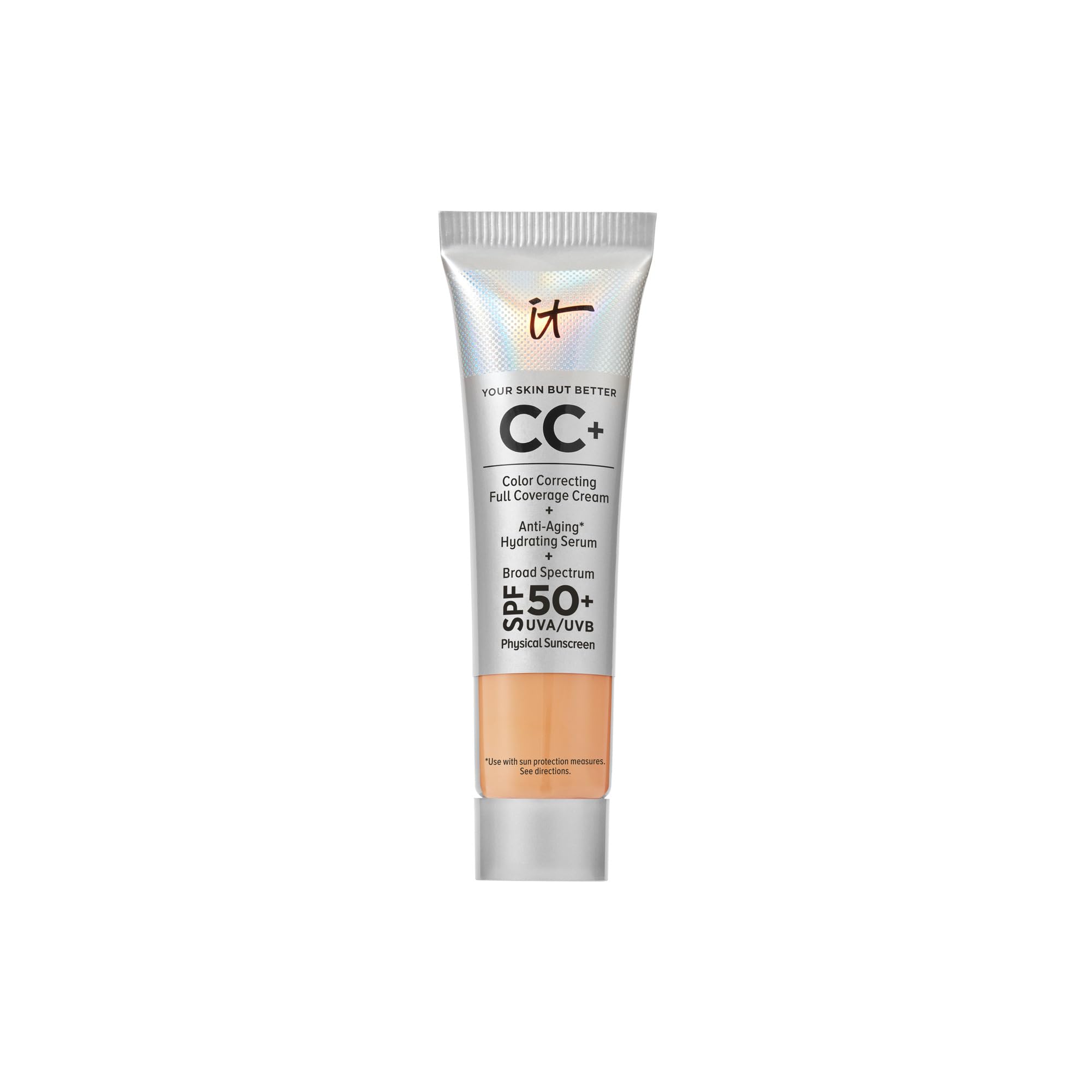IT Cosmetics CC+ Cream Travel bottle pump with SPF 50+ sun protection.