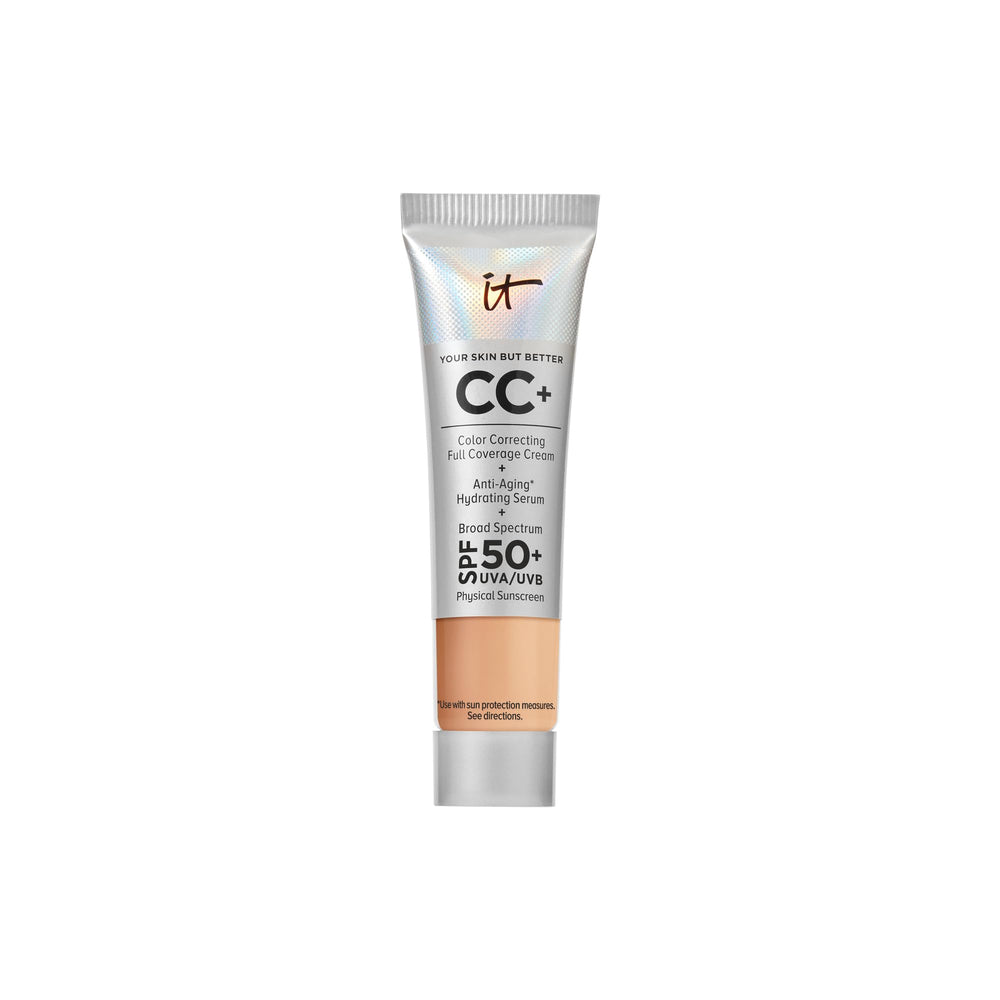 IT Cosmetics CC+ Cream Travel bottle displaying SPF 50+ protection for all-day coverage.