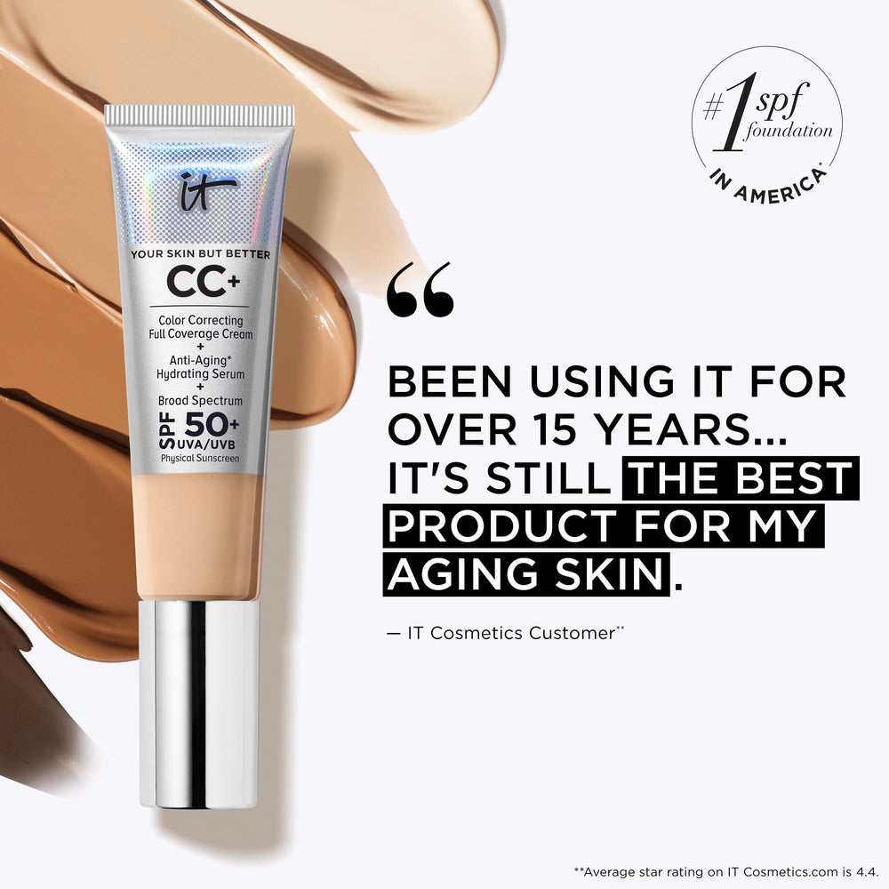 IT Cosmetics CC+ Cream Travel full-coverage finish on face.