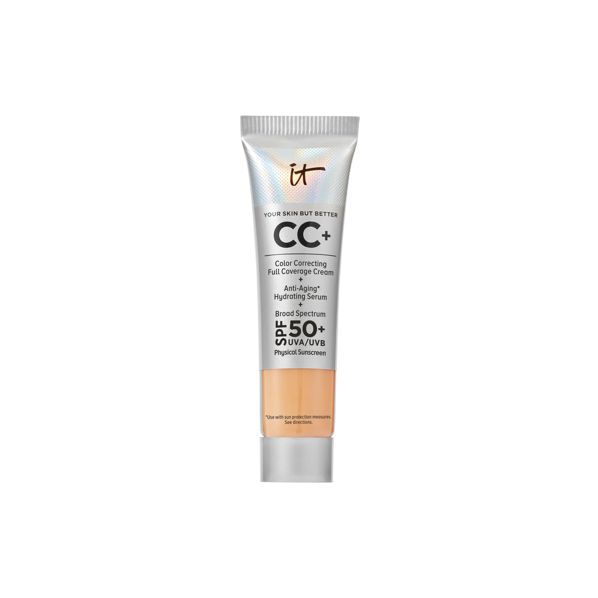 IT Cosmetics CC+ Cream Travel Medium Tan bottle demonstrates portable full-coverage skincare