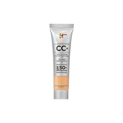 IT Cosmetics CC+ Cream Travel Medium Tan bottle demonstrates portable full-coverage skincare