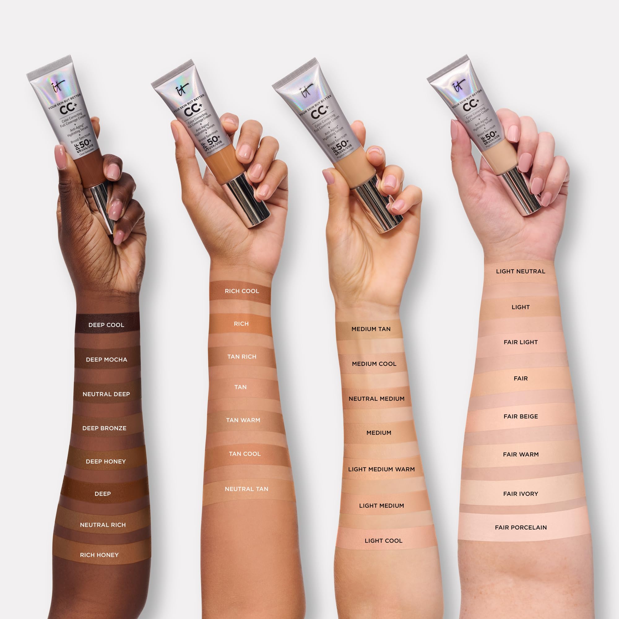 IT Cosmetics CC+ Cream Travel indicates SPF 50+ protection for daily use in a portable bottle