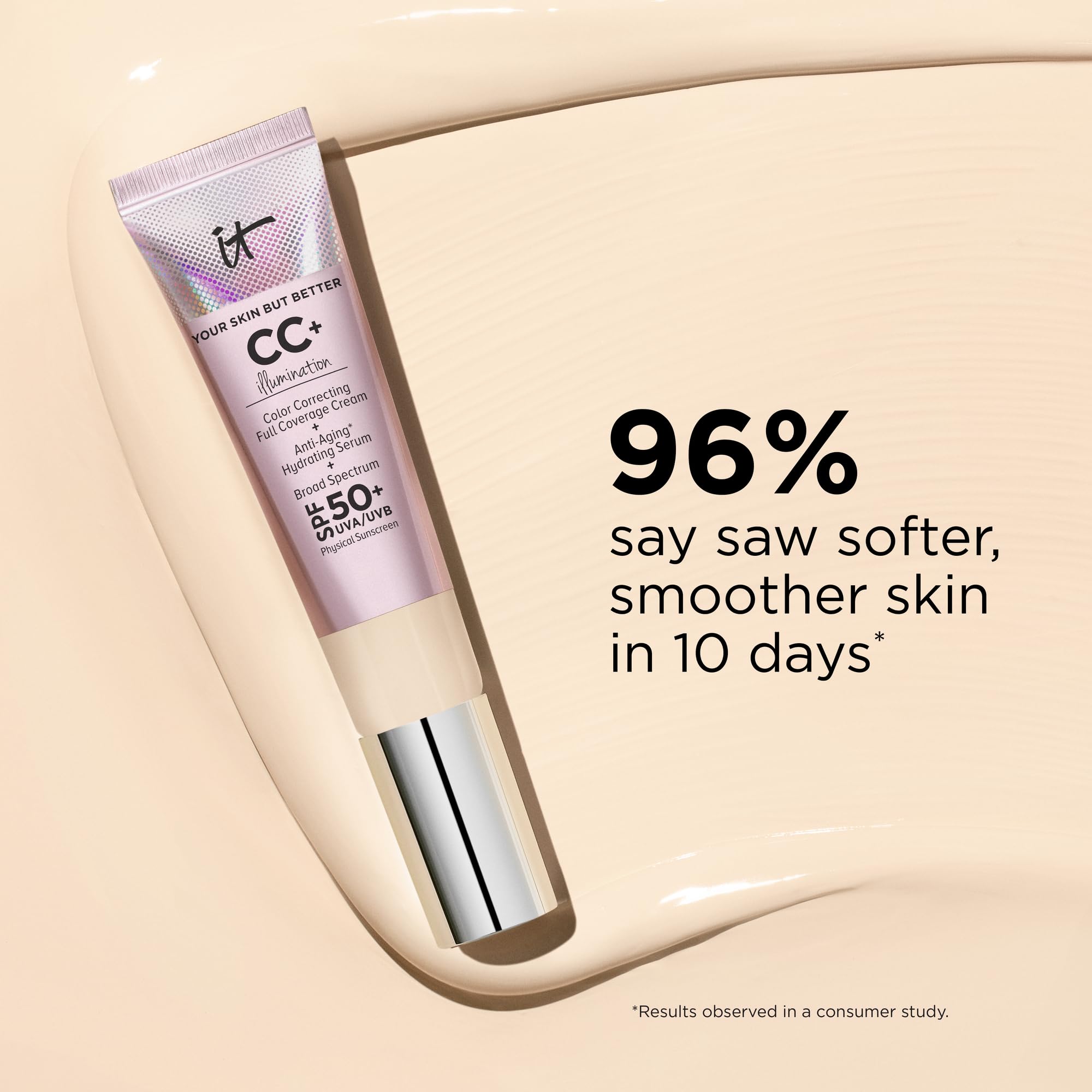 IT Cosmetics CC+ Cream Illumination Light on bare skin reveals dewy finish.