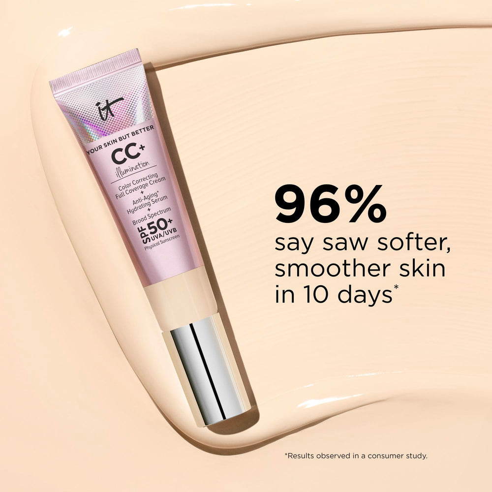 IT Cosmetics CC+ Cream Illumination Light on bare skin reveals dewy finish.