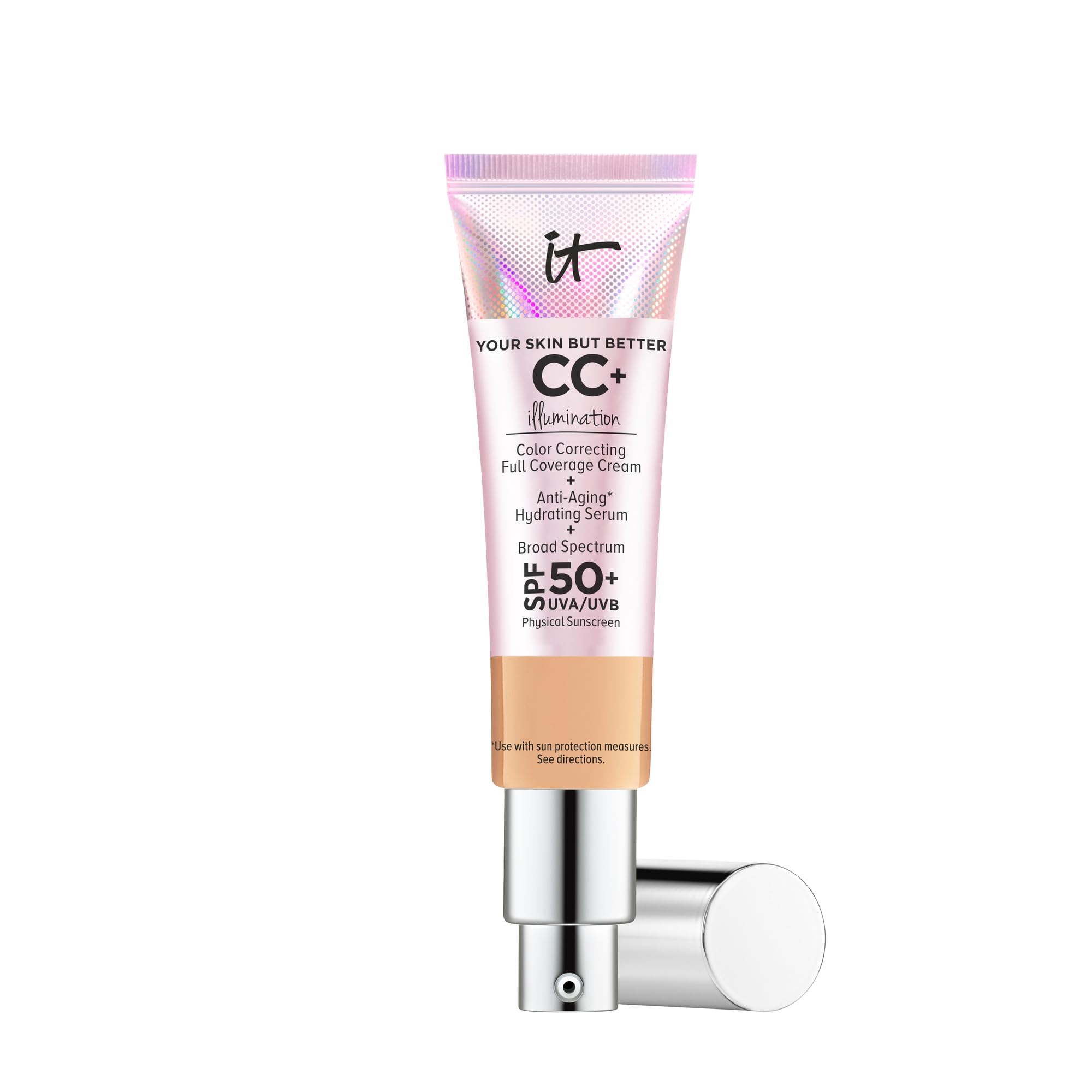 IT Cosmetics CC+ Illumination bottle shows radiant glow with SPF 50+ protection.
