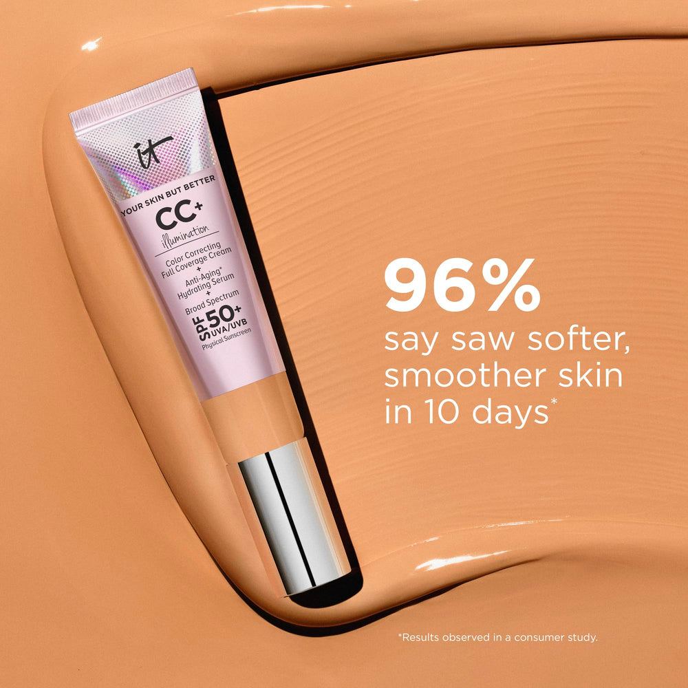 CC+ Illumination Tan with complexion perfection brush for seamless blending.