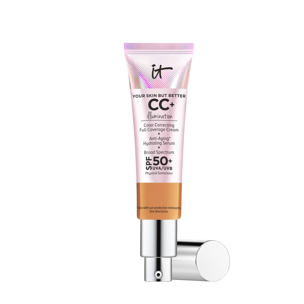 IT Cosmetics CC+ Illumination Tan bottle—a radiant, natural finish for glowing skin.