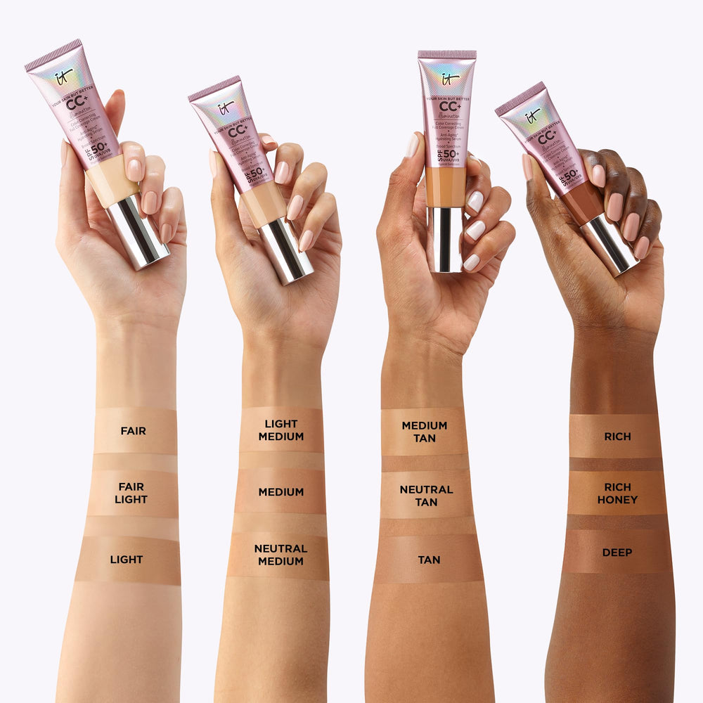 SPF 50+ label on IT Cosmetics CC+ Illumination Tan bottle.
