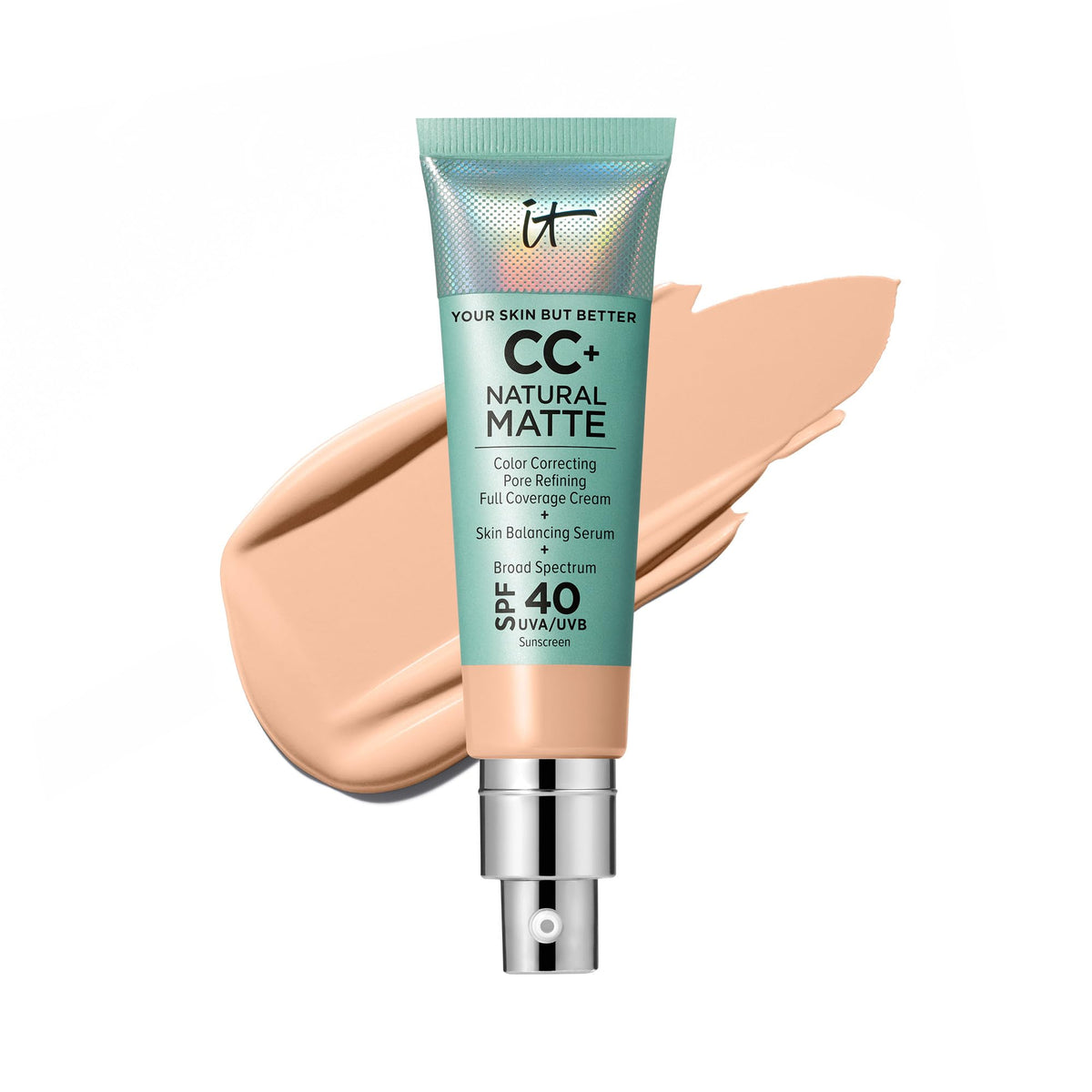 IT Cosmetics CC+ Natural Matte Light Cool pump bottle shows pore-blurring matte finish.