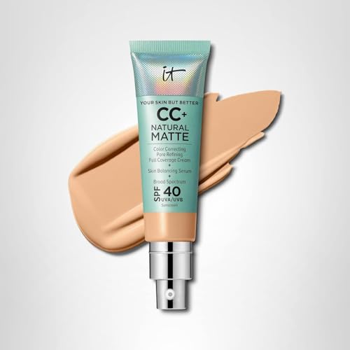 IT Cosmetics CC+ Cream Natural Matte Medium packaging displayed beside makeup routine.