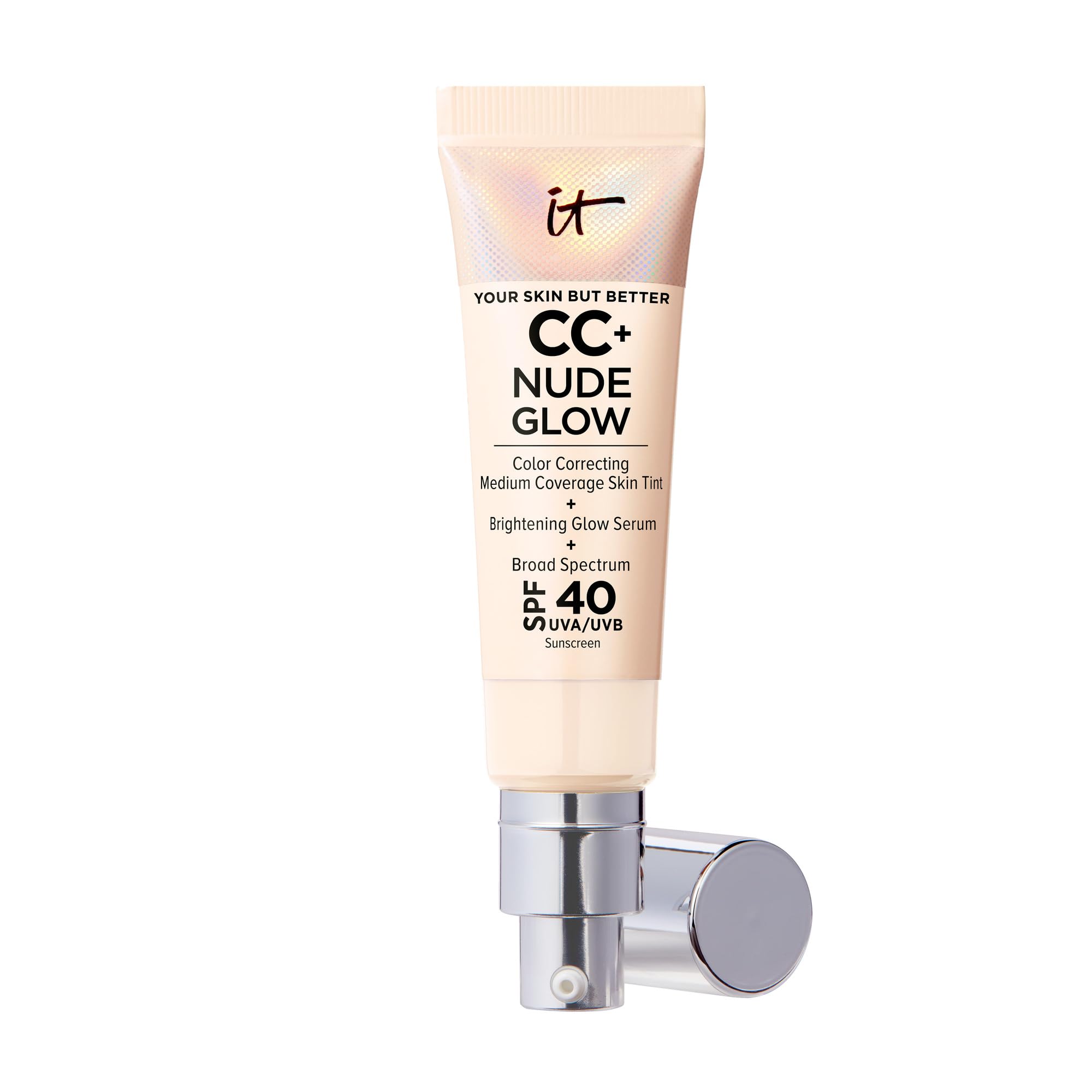 IT Cosmetics CC+ Nude Glow bottle close-up showing radiant finish and SPF 40 protection