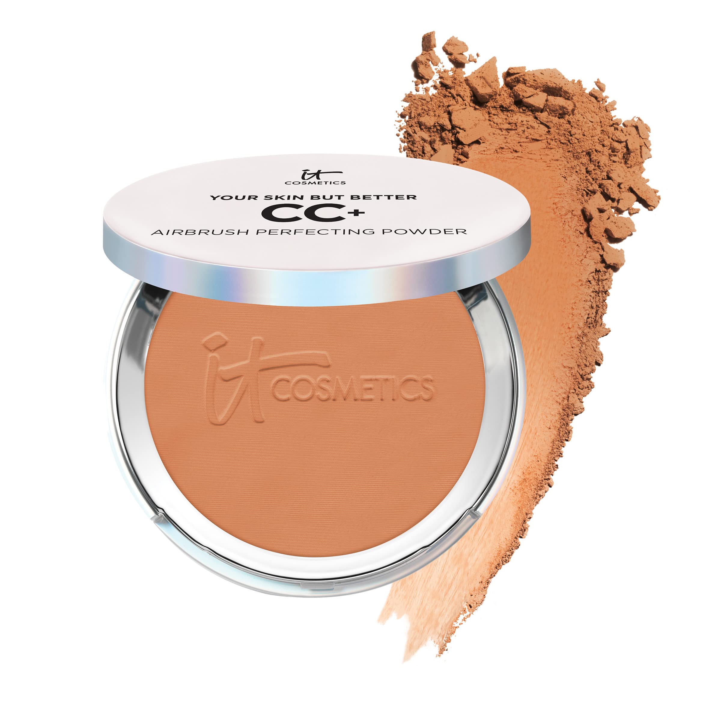 IT Cosmetics CC+ Airbrush Perfecting Powder Foundation compact swatch shows pore-blurring finish and sheer-to-full coverage