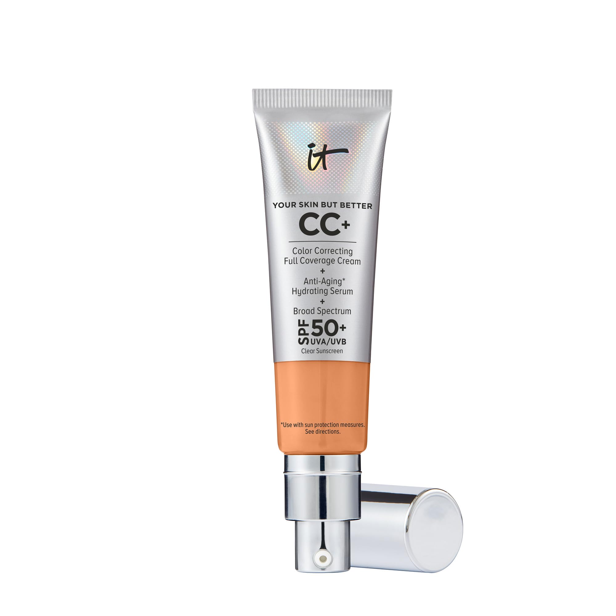 IT Cosmetics CC+ Cream Tan Cool packaging shows a pump bottle for easy daily coverage.
