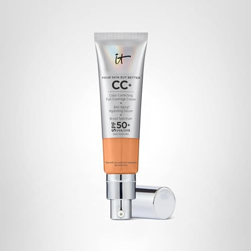 Versatile image showing IT Cosmetics CC+ Cream Tan Cool with other shades side by side.