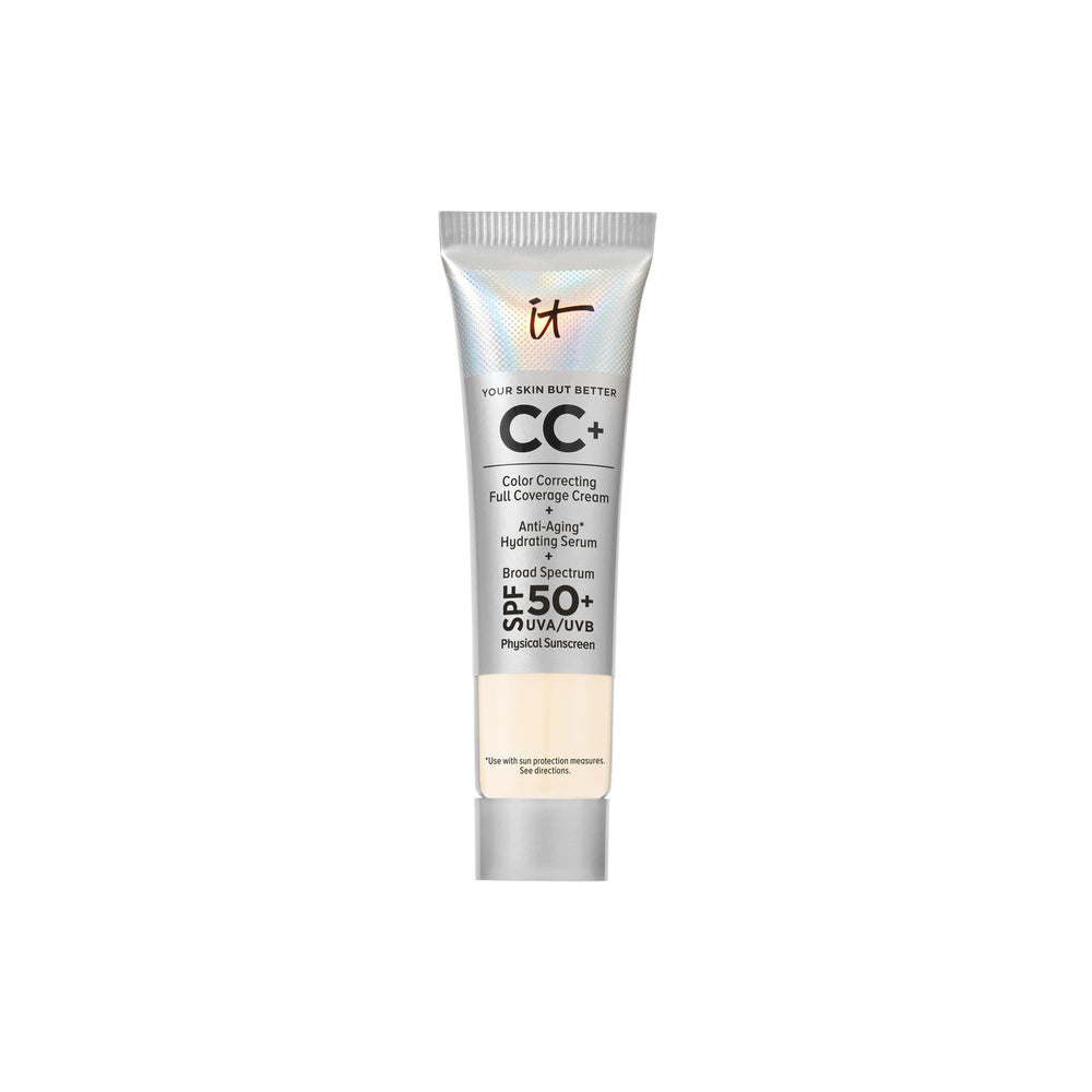 IT Cosmetics CC+ Cream Travel Fair Ivory packaging demonstrates compact on-the-go SPF 50+ protection.
