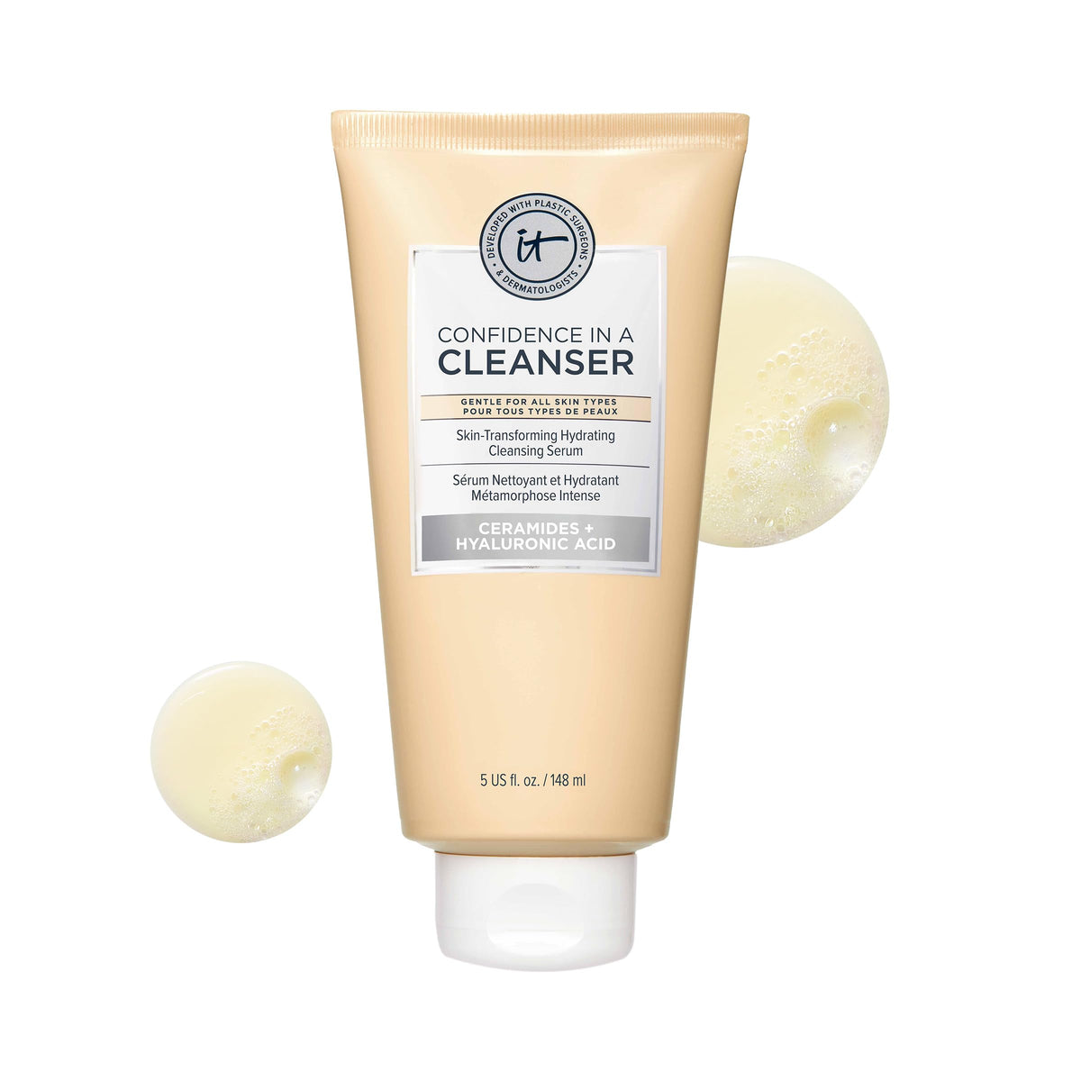 IT Cosmetics Confidence in a Cleanser bottle highlights gentle makeup removal with barrier-supporting hydration