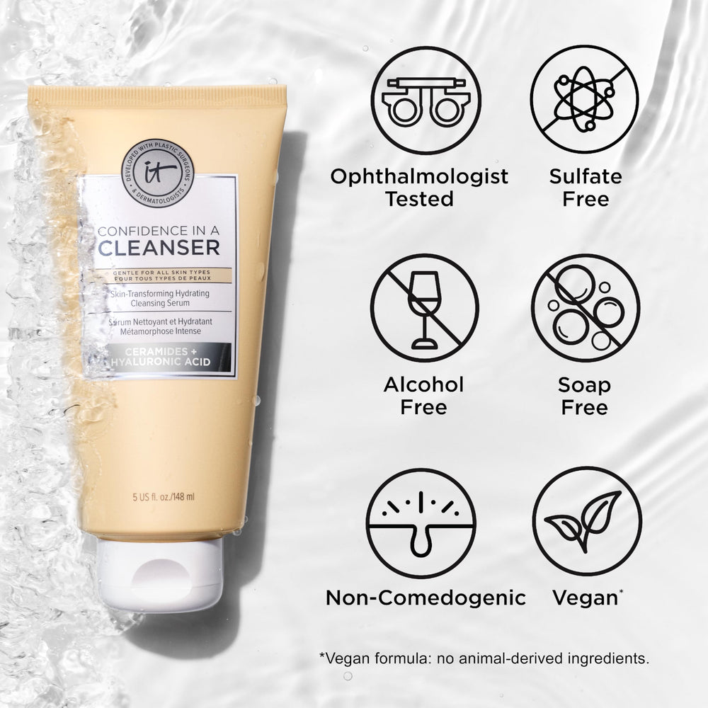 IT Cosmetics Confidence in a Cleanser ingredients panel highlighting ceramides and humectants