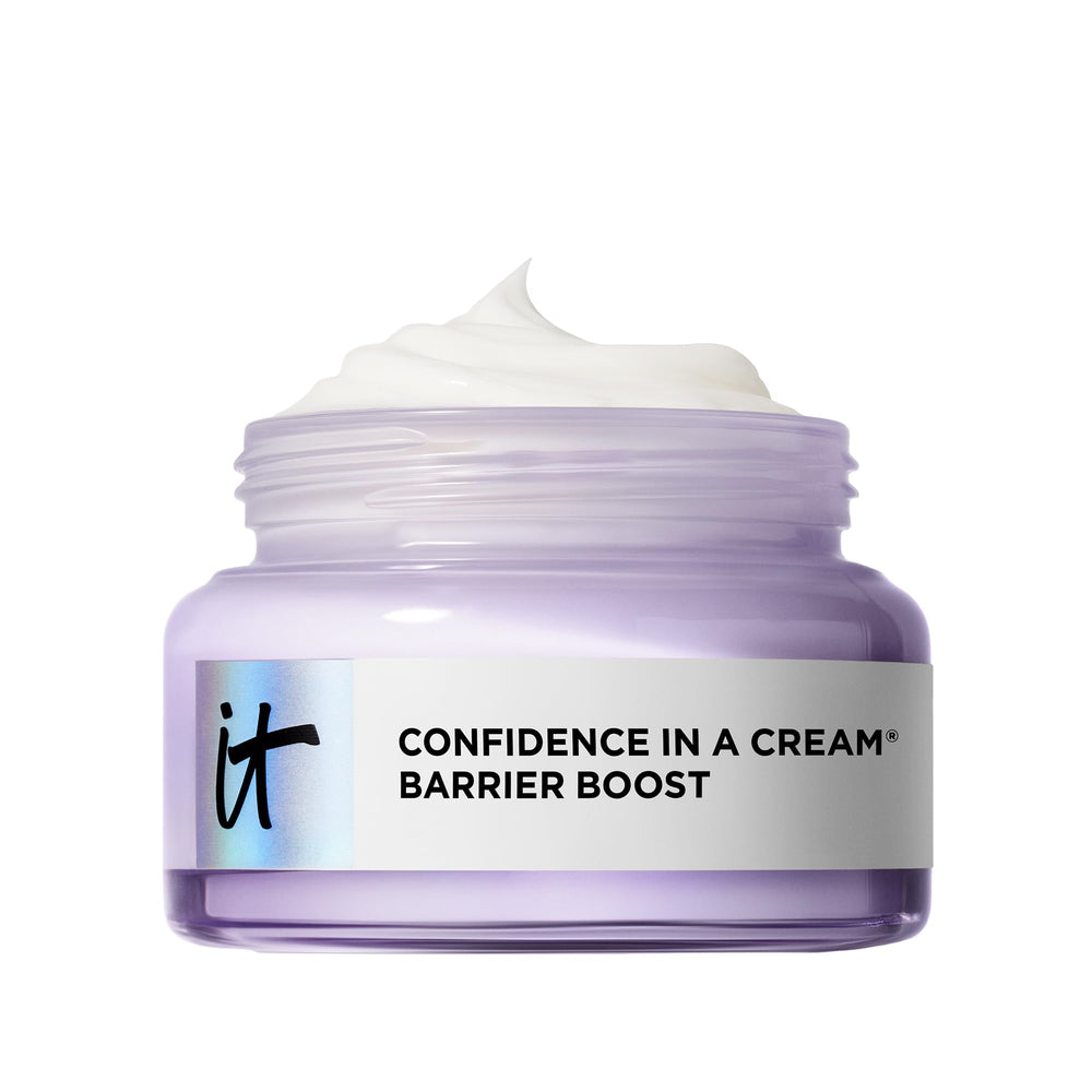 IT Cosmetics Confidence in a Cream Barrier Boost bottle shows 100HR hydration for sensitive skin.
