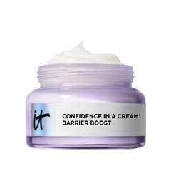 IT Cosmetics Confidence in a Cream Barrier Boost bottle shows 100HR hydration for sensitive skin.
