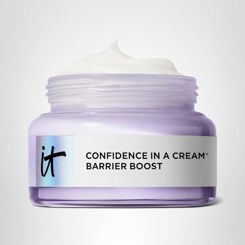 Pump-and-jar combo of IT Cosmetics Confidence in a Cream Barrier Boost conveys easy, fragrance-free skincare routine.