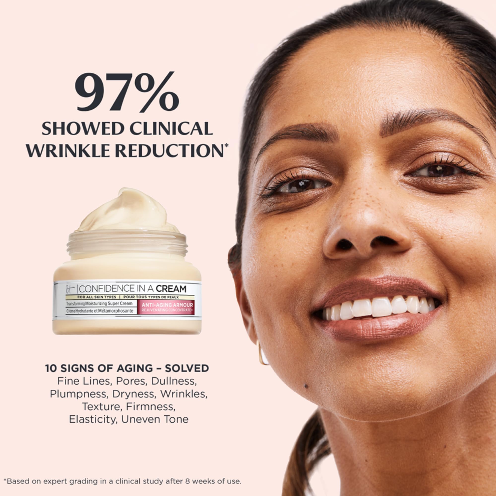IT Cosmetics Confidence in a Cream packaging emphasizes vegan and dermatologist-tested credentials