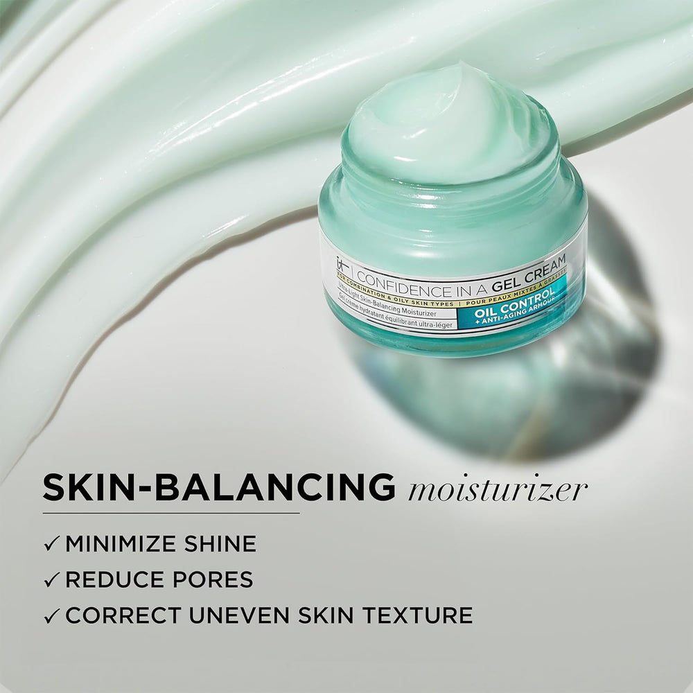 IT Cosmetics Confidence in a Gel Cream morning application promotes balanced hydration for oily skin