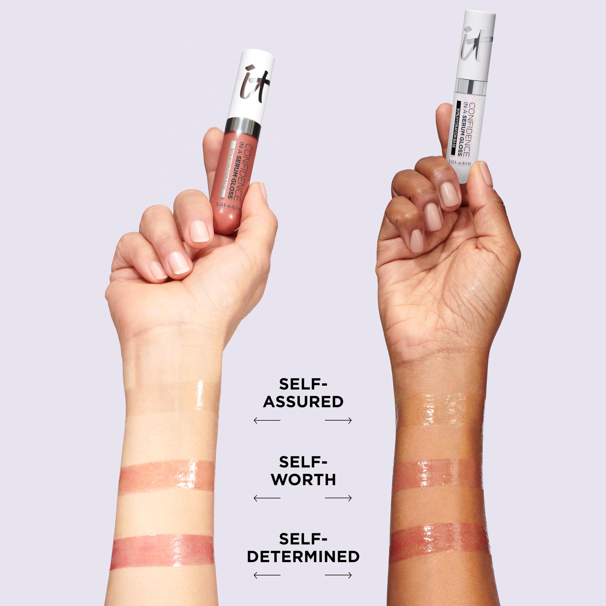IT Cosmetics Confidence in a Serum Lip Gloss side-by-side shade comparison