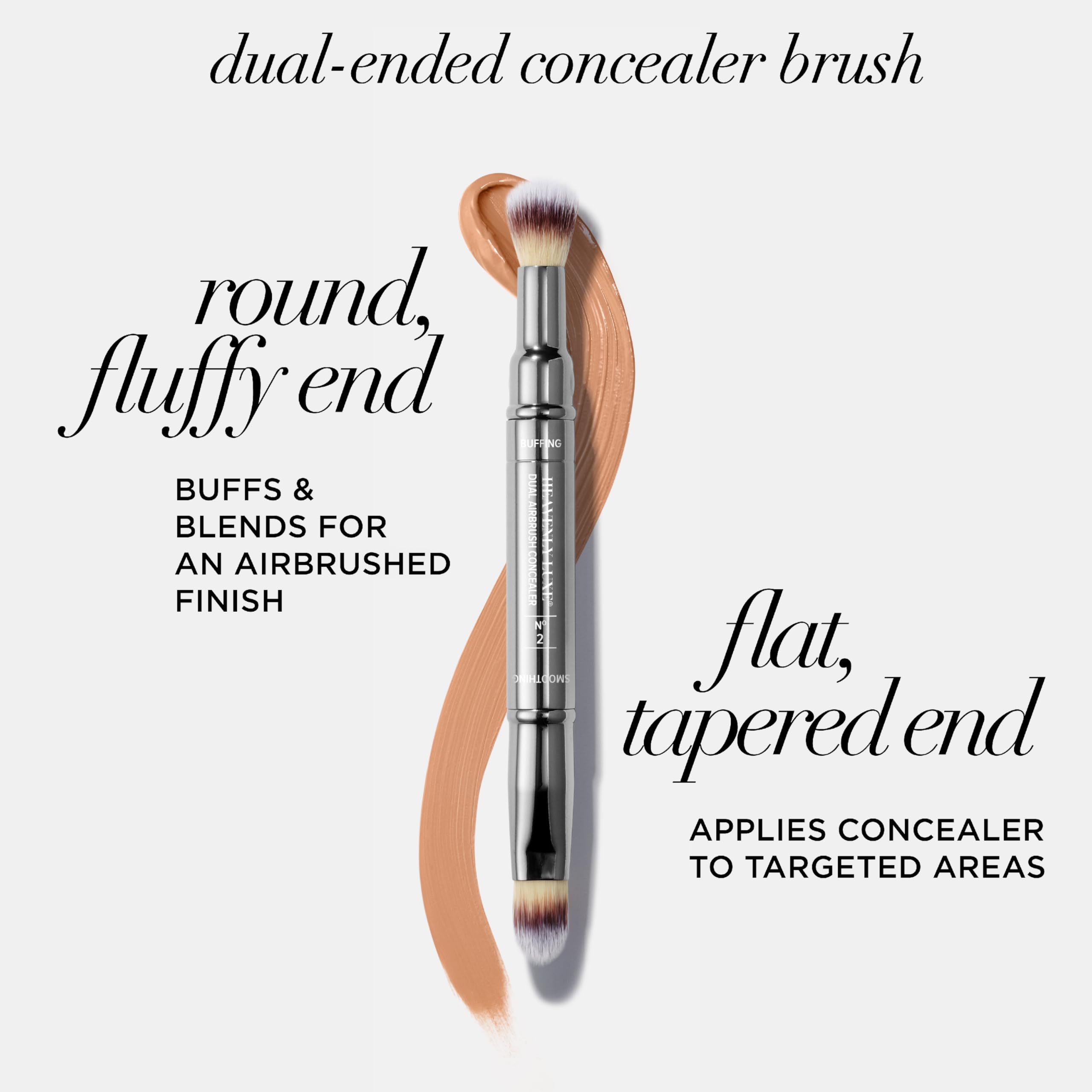 IT Cosmetics Heavenly Luxe Dual Airbrush Concealer Brush #2 round end buffs away imperfections for a smooth finish.
