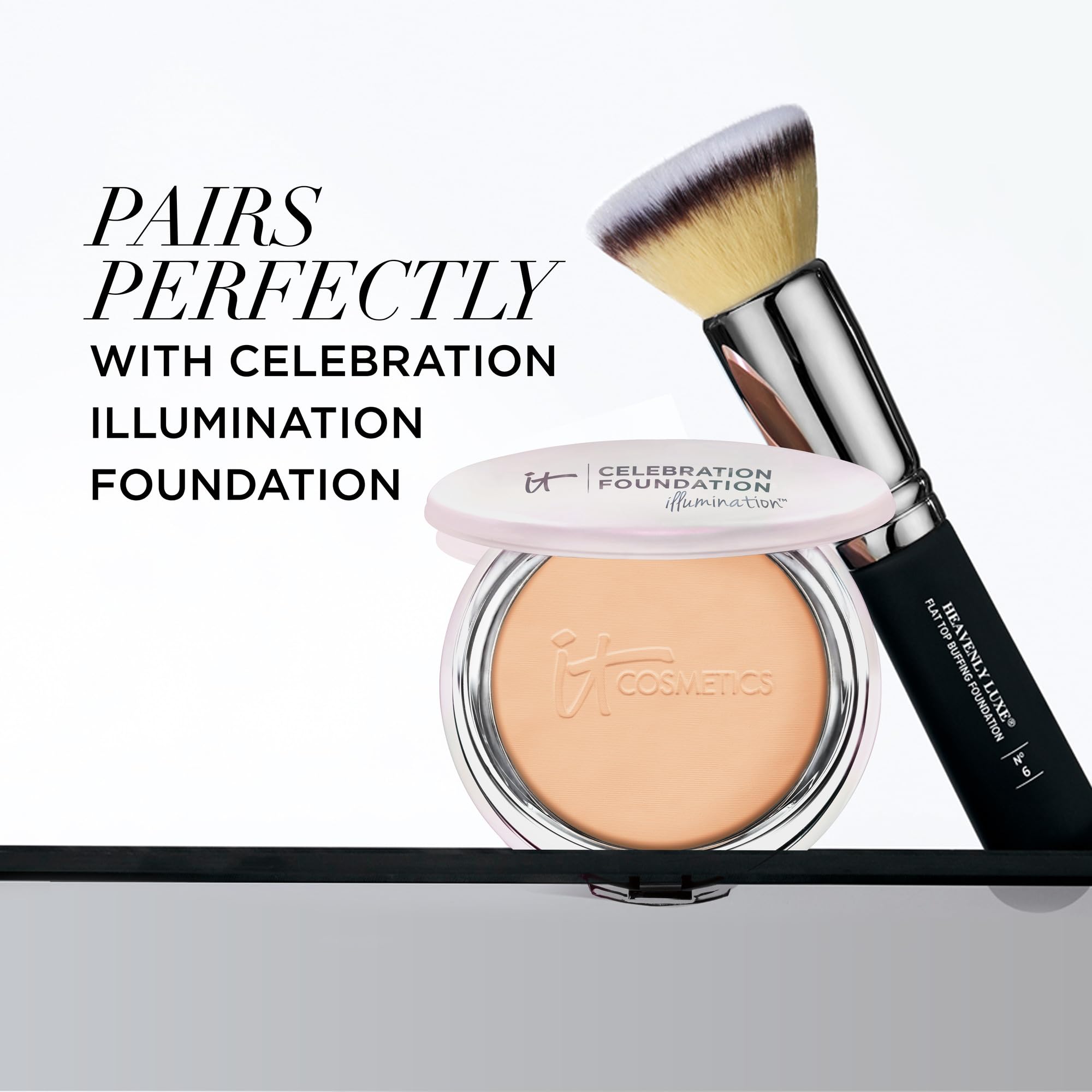 Compact layout of IT Cosmetics brush fits into travel makeup kit.