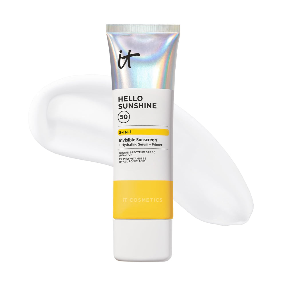 IT Cosmetics Hello Sunshine bottle shows SPF 50 clear sunscreen for daily protection.