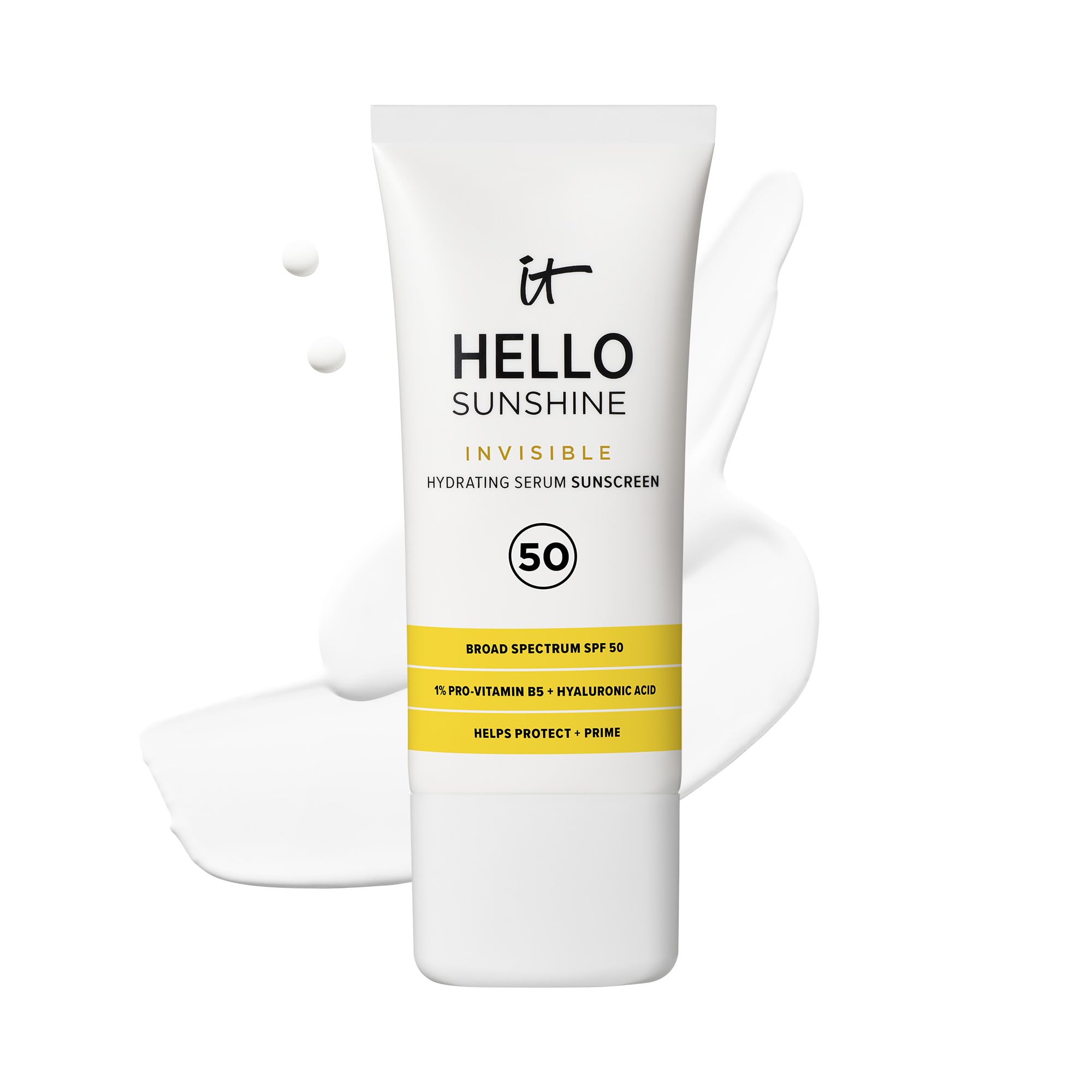 IT Cosmetics Hello Sunshine bottle showing clear SPF 50 hydration and primer in one