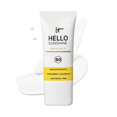 IT Cosmetics Hello Sunshine bottle showing clear SPF 50 hydration and primer in one