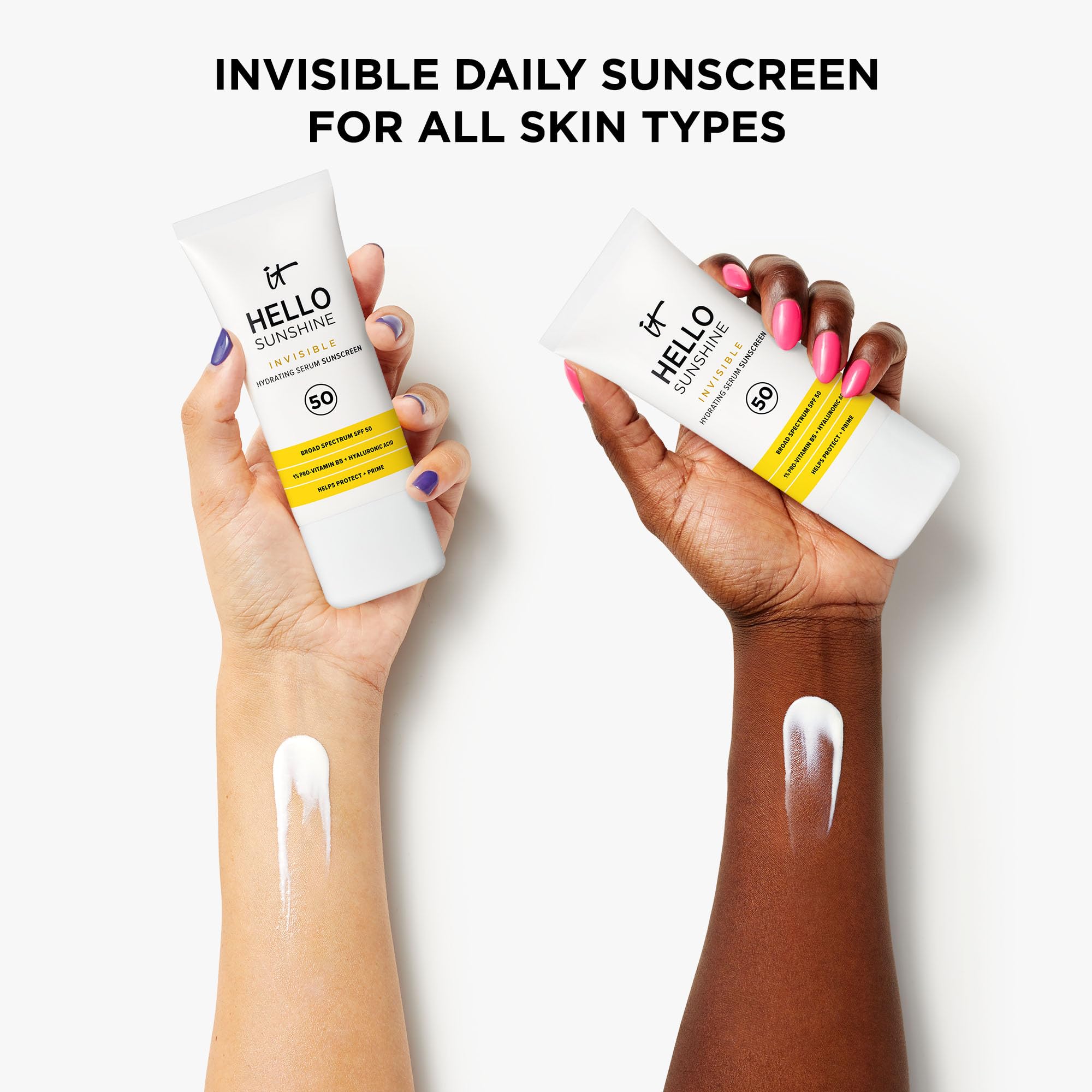 Hello Sunshine bottle illustrating SPF50 protection and lightweight coverage